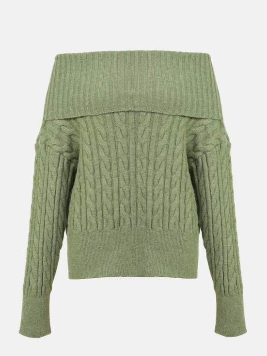 Twentyone Black Sweaters - Off-Shoulder Cable Knit Sweater in Sage Green